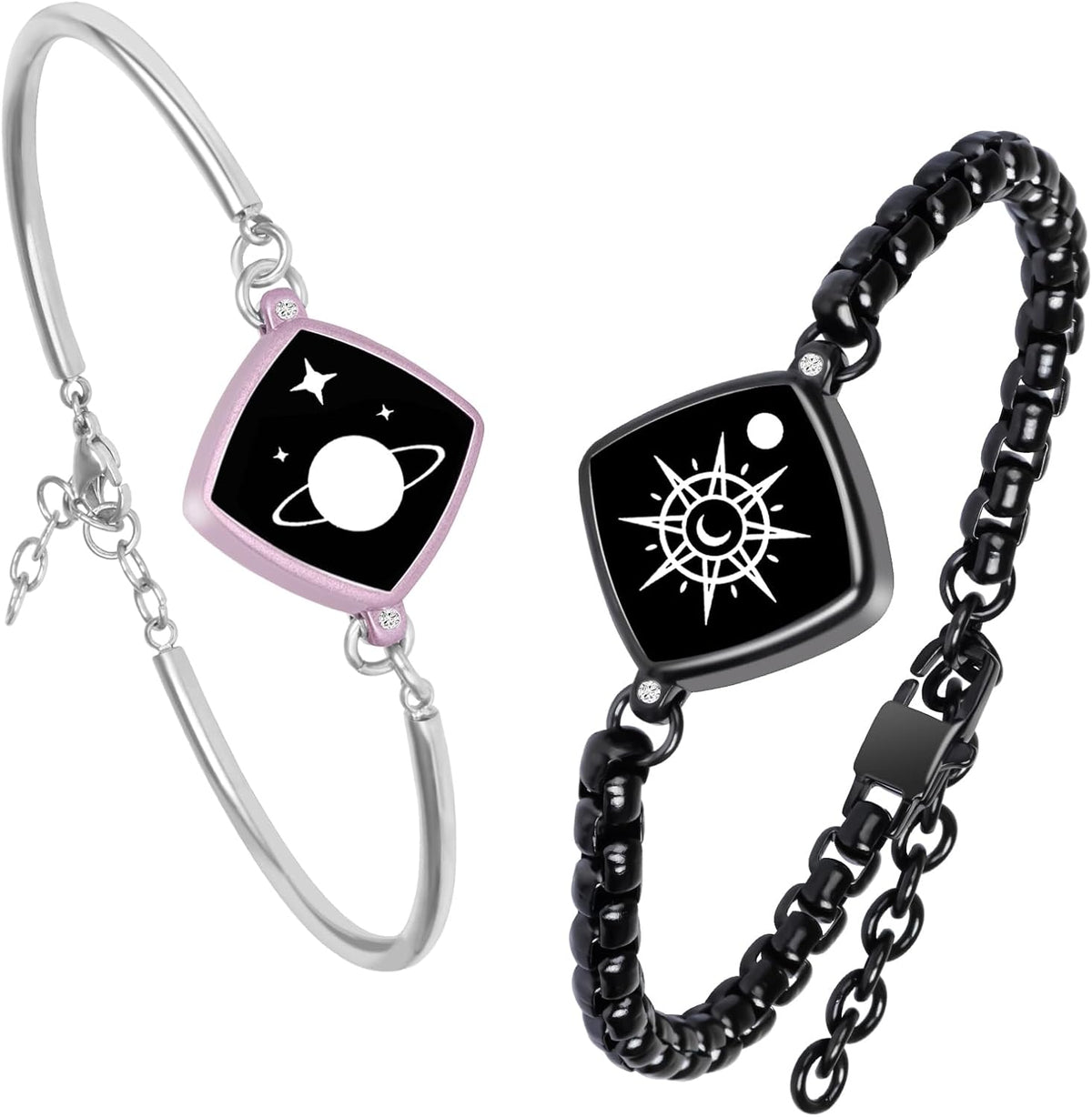 Dacida Long Distance Touch Bracelets Jewelry Set, Remote Smart Connection Love Bracelet,Send SOS SMS, Relationship Bracelets Moon Star for Couples Lovers Family Friends Festivals Valentine's Day Gifts Pink